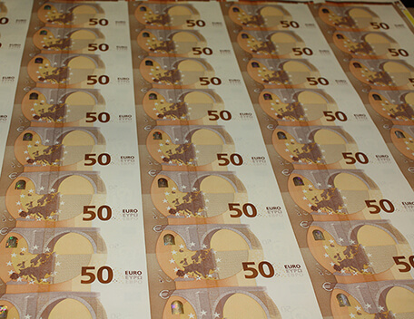 A sheet of 50 new Euro notes